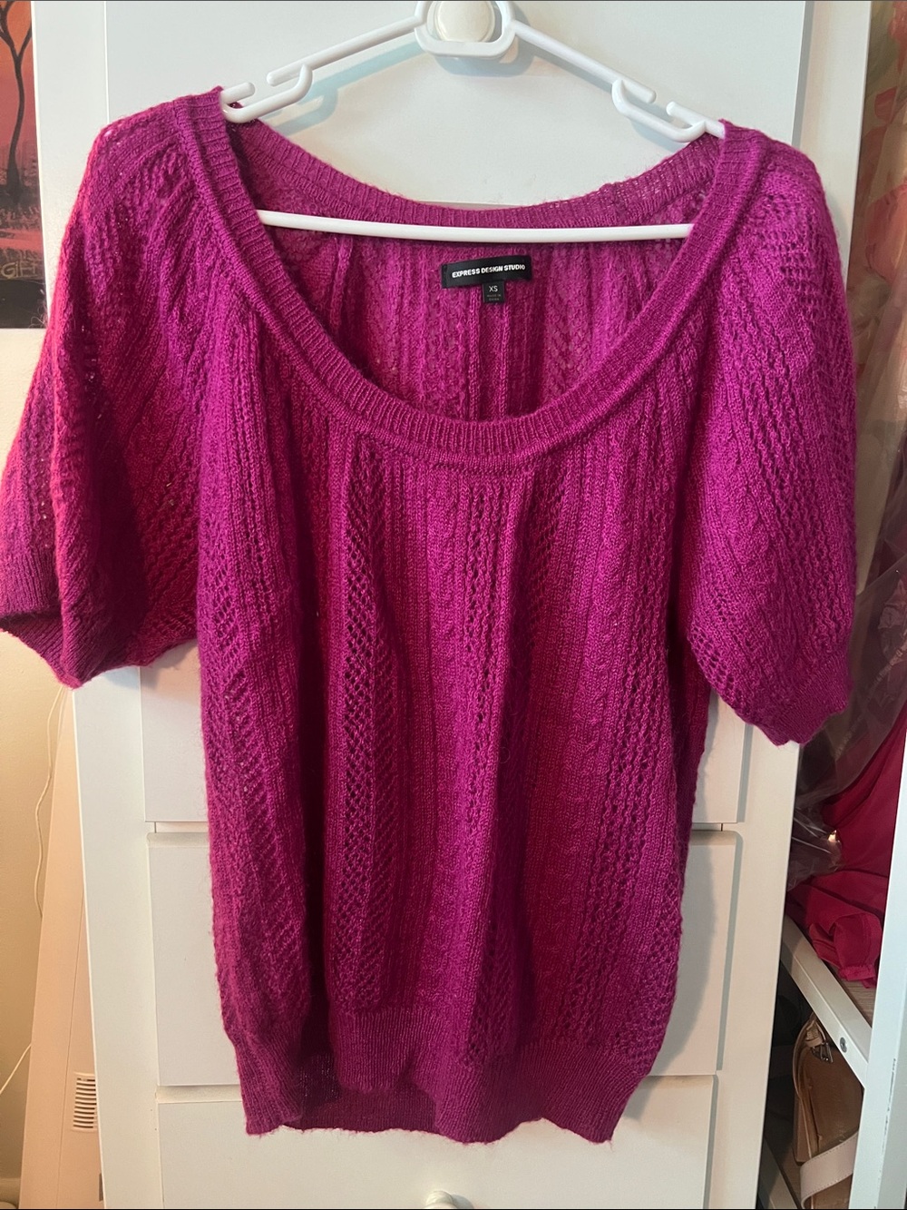 Express Magenta Scoop-Neck Cable Knit Short-Sleeve Sweater